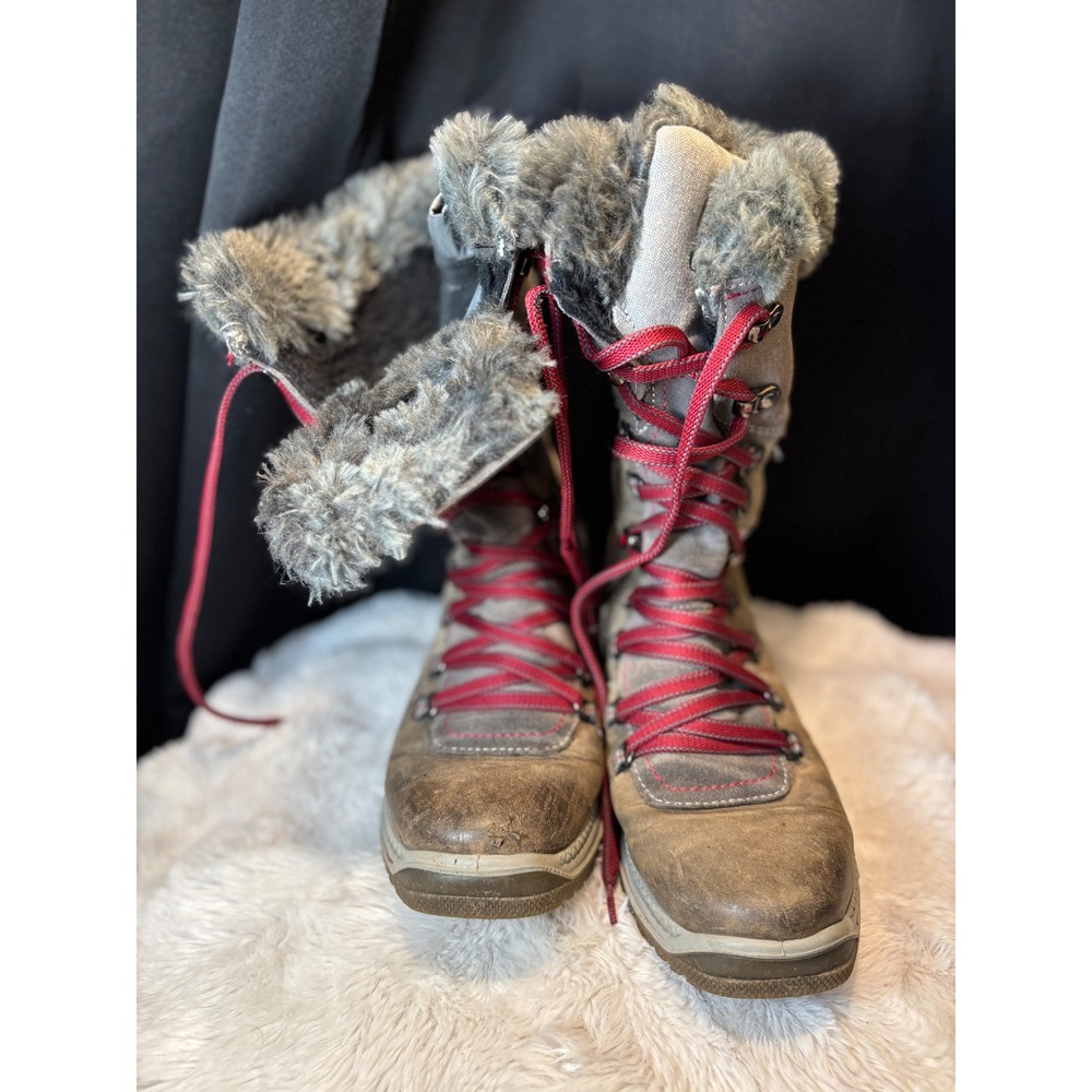 Santana Canada Weatherproof Winter Boots Grey Brown Faux Fur Trim Red Laces 40